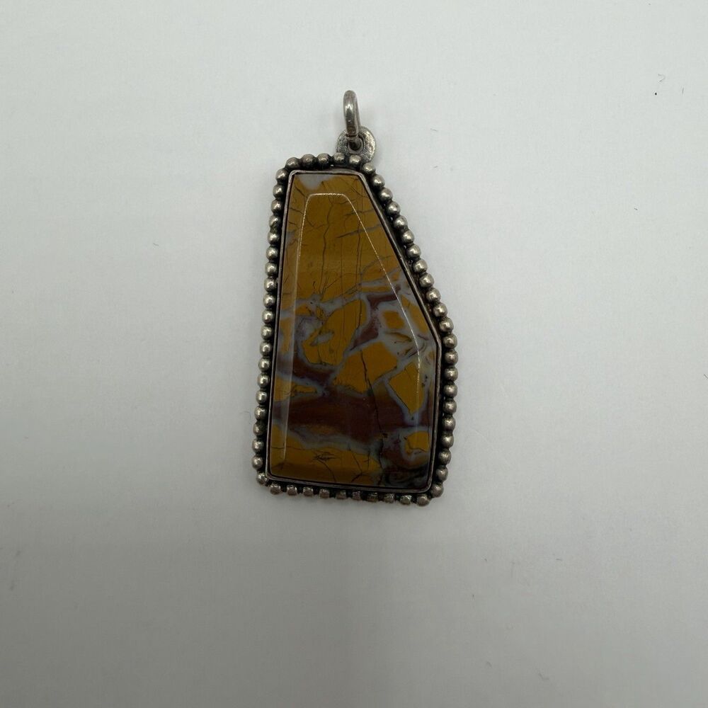 Vintage Sterling Silver Yellow Jasper Pendant 1.5" 12.6g Beaded Border